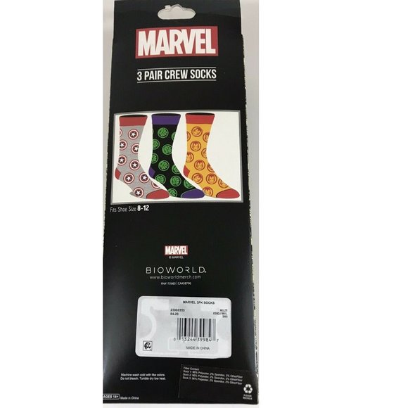 Mens MARVEL Superheroes Crew Socks 3 Pairs Shoe Size 8-12 Iron Man Hulk NIP - Picture 3 of 3